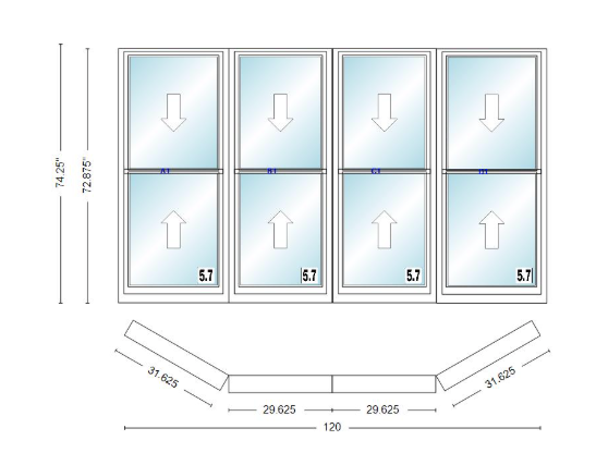 Andersen 400 Series Double Hung Bay Window 120" Wide Double Hung With Double Hung Flankers 30 Degree Angle Of Deflection Vinyl Exterior Wood Interior Low-E4 Dual Pane Argon Gas
