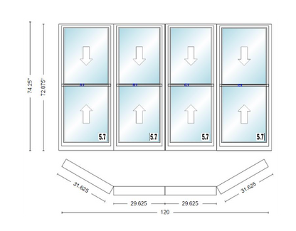 Andersen 400 Series Double Hung Bay Window 120" Wide Double Hung With Double Hung Flankers 30 Degree Angle Of Deflection Vinyl Exterior Wood Interior Low-E4 Dual Pane Argon Gas