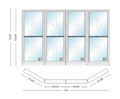 Andersen 400 Series Double Hung Bay Window 120" Wide Double Hung With Double Hung Flankers 30 Degree Angle Of Deflection Vinyl Exterior Wood Interior Low-E4 Dual Pane Argon Gas