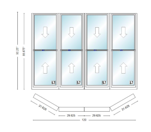 Andersen 400 Series Double Hung Bay Window 120" Wide Double Hung With Double Hung Flankers 30 Degree Angle Of Deflection Vinyl Exterior Wood Interior Low-E4 Dual Pane Argon Gas