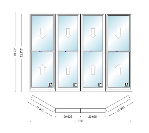 Andersen 400 Series Double Hung Bay Window 120" Wide Double Hung With Double Hung Flankers 30 Degree Angle Of Deflection Vinyl Exterior Wood Interior Low-E4 Dual Pane Argon Gas