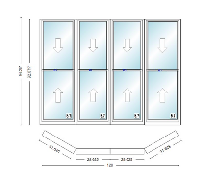 Andersen 400 Series Double Hung Bay Window 120" Wide Double Hung With Double Hung Flankers 30 Degree Angle Of Deflection Vinyl Exterior Wood Interior Low-E4 Dual Pane Argon Gas