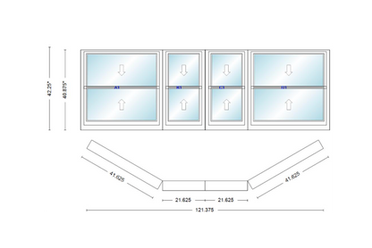 Andersen 400 Series Double Hung Bay Window 121 3/8" Wide Double Hung With Double Hung Flankers 30 Degree Angle Of Deflection Vinyl Exterior Wood Interior Low-E4 Dual Pane Argon Gas