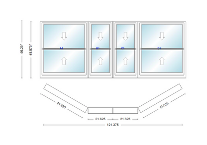 Andersen 400 Series Double Hung Bay Window 121 3/8" Wide Double Hung With Double Hung Flankers 30 Degree Angle Of Deflection Vinyl Exterior Wood Interior Low-E4 Dual Pane Argon Gas