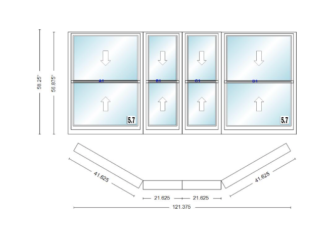 Andersen 400 Series Double Hung Bay Window 121 3/8" Wide Double Hung With Double Hung Flankers 30 Degree Angle Of Deflection Vinyl Exterior Wood Interior Low-E4 Dual Pane Argon Gas