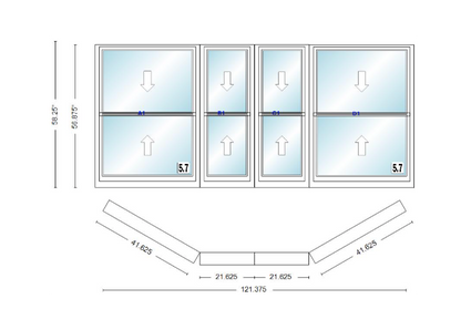 Andersen 400 Series Double Hung Bay Window 121 3/8" Wide Double Hung With Double Hung Flankers 30 Degree Angle Of Deflection Vinyl Exterior Wood Interior Low-E4 Dual Pane Argon Gas