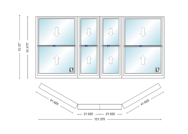 Andersen 400 Series Double Hung Bay Window 121 3/8" Wide Double Hung With Double Hung Flankers 30 Degree Angle Of Deflection Vinyl Exterior Wood Interior Low-E4 Dual Pane Argon Gas