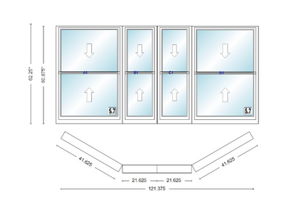 Andersen 400 Series Double Hung Bay Window 121 3/8" Wide Double Hung With Double Hung Flankers 30 Degree Angle Of Deflection Vinyl Exterior Wood Interior Low-E4 Dual Pane Argon Gas