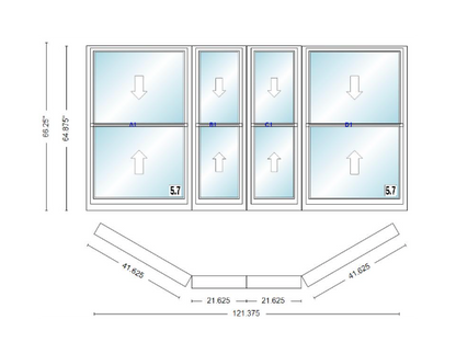 Andersen 400 Series Double Hung Bay Window 121 3/8" Wide Double Hung With Double Hung Flankers 30 Degree Angle Of Deflection Vinyl Exterior Wood Interior Low-E4 Dual Pane Argon Gas