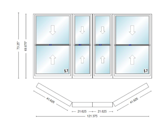 Andersen 400 Series Double Hung Bay Window 121 3/8" Wide Double Hung With Double Hung Flankers 30 Degree Angle Of Deflection Vinyl Exterior Wood Interior Low-E4 Dual Pane Argon Gas