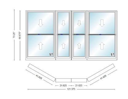 Andersen 400 Series Double Hung Bay Window 121 3/8" Wide Double Hung With Double Hung Flankers 30 Degree Angle Of Deflection Vinyl Exterior Wood Interior Low-E4 Dual Pane Argon Gas
