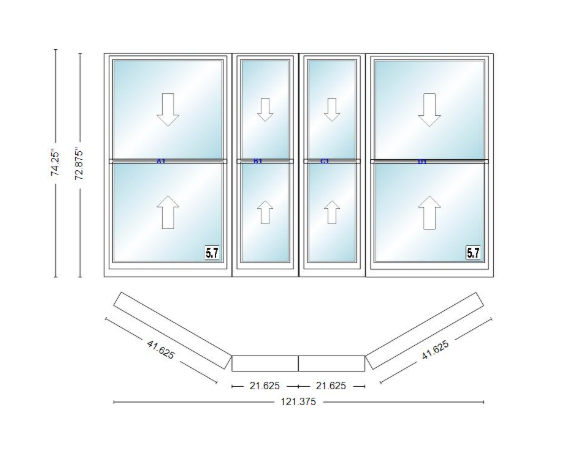 Andersen 400 Series Double Hung Bay Window 121 3/8" Wide Double Hung With Double Hung Flankers 30 Degree Angle Of Deflection Vinyl Exterior Wood Interior Low-E4 Dual Pane Argon Gas