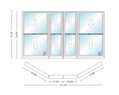 Andersen 400 Series Double Hung Bay Window 121 3/8" Wide Double Hung With Double Hung Flankers 30 Degree Angle Of Deflection Vinyl Exterior Wood Interior Low-E4 Dual Pane Argon Gas