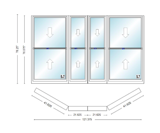 Andersen 400 Series Double Hung Bay Window 121 3/8" Wide Double Hung With Double Hung Flankers 30 Degree Angle Of Deflection Vinyl Exterior Wood Interior Low-E4 Dual Pane Argon Gas