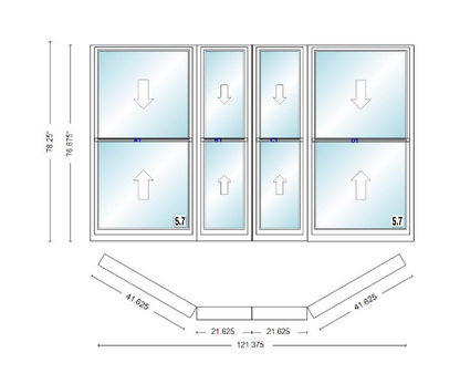 Andersen 400 Series Double Hung Bay Window 121 3/8" Wide Double Hung With Double Hung Flankers 30 Degree Angle Of Deflection Vinyl Exterior Wood Interior Low-E4 Dual Pane Argon Gas