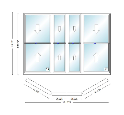Andersen 400 Series Double Hung Bay Window 121 3/8" Wide Double Hung With Double Hung Flankers 30 Degree Angle Of Deflection Vinyl Exterior Wood Interior Low-E4 Dual Pane Argon Gas