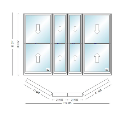 Andersen 400 Series Double Hung Bay Window 121 3/8" Wide Double Hung With Double Hung Flankers 30 Degree Angle Of Deflection Vinyl Exterior Wood Interior Low-E4 Dual Pane Argon Gas