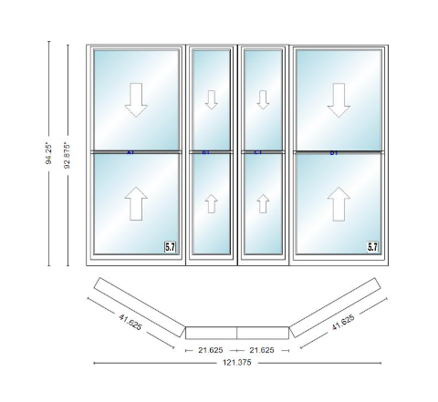 Andersen 400 Series Double Hung Bay Window 121 3/8" Wide Double Hung With Double Hung Flankers 30 Degree Angle Of Deflection Vinyl Exterior Wood Interior Low-E4 Dual Pane Argon Gas