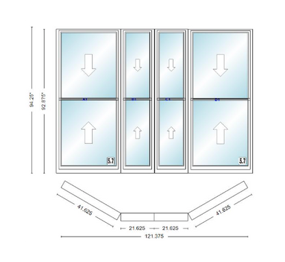 Andersen 400 Series Double Hung Bay Window 121 3/8" Wide Double Hung With Double Hung Flankers 30 Degree Angle Of Deflection Vinyl Exterior Wood Interior Low-E4 Dual Pane Argon Gas