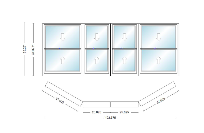 Andersen 400 Series Double Hung Bay Window 122 3/8" Wide Double Hung With Double Hung Flankers 30 Degree Angle Of Deflection Vinyl Exterior Wood Interior Low-E4 Dual Pane Argon Gas