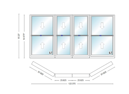 Andersen 400 Series Double Hung Bay Window 122 3/8" Wide Double Hung With Double Hung Flankers 30 Degree Angle Of Deflection Vinyl Exterior Wood Interior Low-E4 Dual Pane Argon Gas