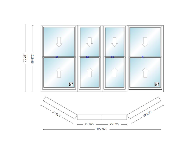 Andersen 400 Series Double Hung Bay Window 122 3/8" Wide Double Hung With Double Hung Flankers 30 Degree Angle Of Deflection Vinyl Exterior Wood Interior Low-E4 Dual Pane Argon Gas