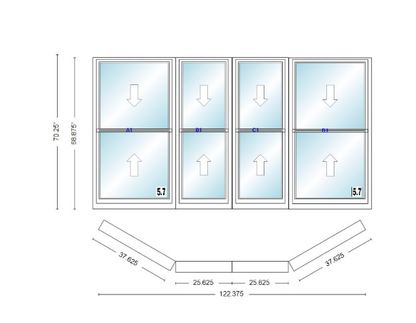 Andersen 400 Series Double Hung Bay Window 122 3/8" Wide Double Hung With Double Hung Flankers 30 Degree Angle Of Deflection Vinyl Exterior Wood Interior Low-E4 Dual Pane Argon Gas
