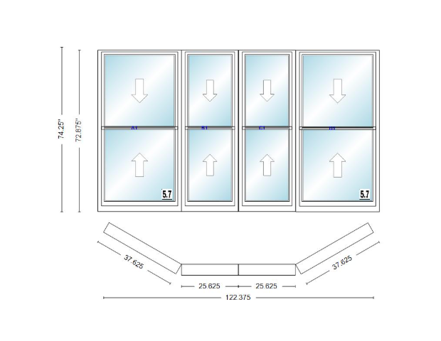 Andersen 400 Series Double Hung Bay Window 122 3/8" Wide Double Hung With Double Hung Flankers 30 Degree Angle Of Deflection Vinyl Exterior Wood Interior Low-E4 Dual Pane Argon Gas