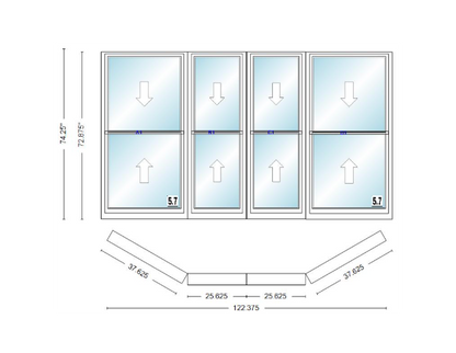 Andersen 400 Series Double Hung Bay Window 122 3/8" Wide Double Hung With Double Hung Flankers 30 Degree Angle Of Deflection Vinyl Exterior Wood Interior Low-E4 Dual Pane Argon Gas