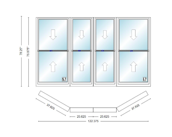Andersen 400 Series Double Hung Bay Window 122 3/8" Wide Double Hung With Double Hung Flankers 30 Degree Angle Of Deflection Vinyl Exterior Wood Interior Low-E4 Dual Pane Argon Gas