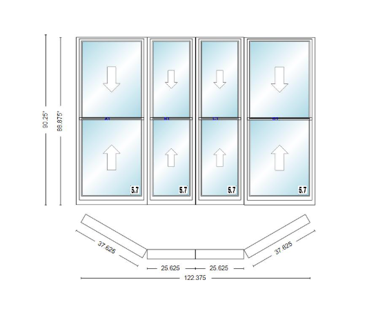 Andersen 400 Series Double Hung Bay Window 122 3/8" Wide Double Hung With Double Hung Flankers 30 Degree Angle Of Deflection Vinyl Exterior Wood Interior Low-E4 Dual Pane Argon Gas