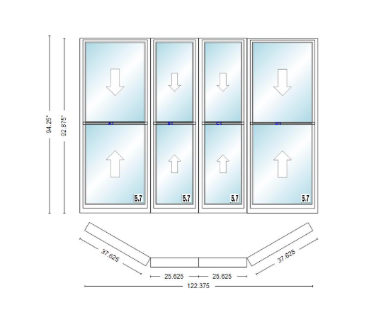 Andersen 400 Series Double Hung Bay Window 122 3/8" Wide Double Hung With Double Hung Flankers 30 Degree Angle Of Deflection Vinyl Exterior Wood Interior Low-E4 Dual Pane Argon Gas