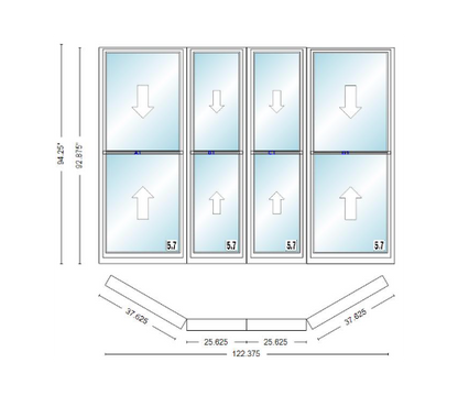 Andersen 400 Series Double Hung Bay Window 122 3/8" Wide Double Hung With Double Hung Flankers 30 Degree Angle Of Deflection Vinyl Exterior Wood Interior Low-E4 Dual Pane Argon Gas