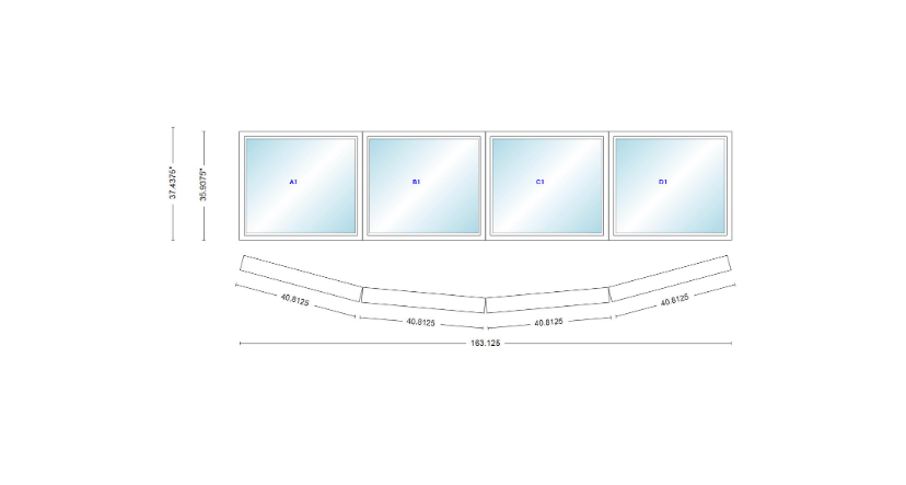 Andersen 400 Series 4 Wide Casement Bow Window 163 1/8" Wide Fixed Casements With Fixed Casement Flankers 10 Degree Angle Of Deflection Vinyl Exterior Wood Interior Low-E4 Dual Pane Argon Gas