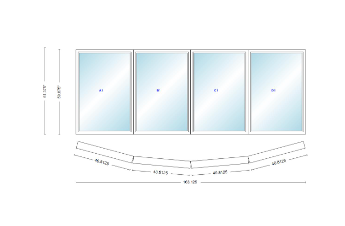 Andersen 400 Series 4 Wide Casement Bow Window 163 1/8" Wide Fixed Casements With Fixed Casement Flankers 10 Degree Angle Of Deflection Vinyl Exterior Wood Interior Low-E4 Dual Pane Argon Gas