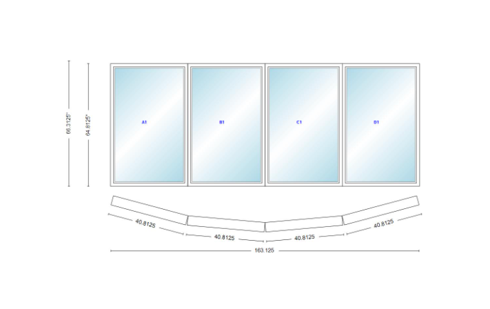 Andersen 400 Series 4 Wide Casement Bow Window 163 1/8" Wide Fixed Casements With Fixed Casement Flankers 10 Degree Angle Of Deflection Vinyl Exterior Wood Interior Low-E4 Dual Pane Argon Gas