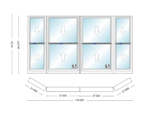 Andersen 400 Series Double Hung Bay Window 118 5/8" Wide Double Hung With Double Hung Flankers 30 Degree Angle Of Deflection Vinyl Exterior Wood Interior Low-E4 Dual Pane Argon Gas