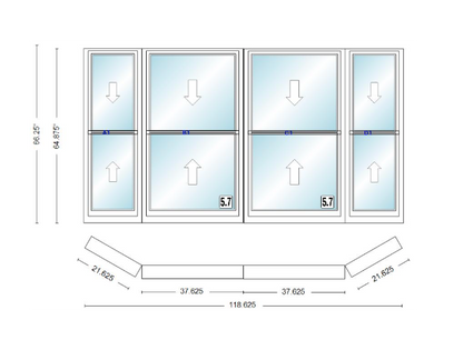 Andersen 400 Series Double Hung Bay Window 118 5/8" Wide Double Hung With Double Hung Flankers 30 Degree Angle Of Deflection Vinyl Exterior Wood Interior Low-E4 Dual Pane Argon Gas