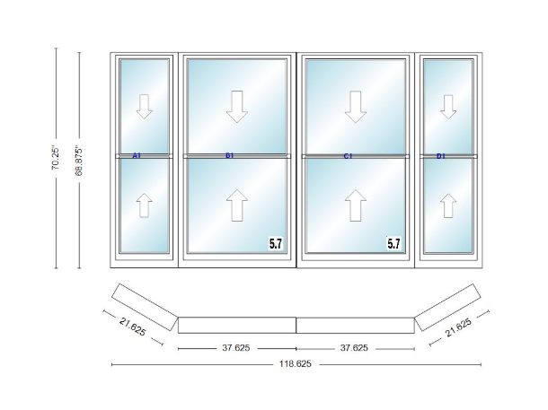 Andersen 400 Series Double Hung Bay Window 118 5/8" Wide Double Hung With Double Hung Flankers 30 Degree Angle Of Deflection Vinyl Exterior Wood Interior Low-E4 Dual Pane Argon Gas