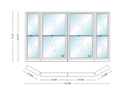 Andersen 400 Series Double Hung Bay Window 118 5/8" Wide Double Hung With Double Hung Flankers 30 Degree Angle Of Deflection Vinyl Exterior Wood Interior Low-E4 Dual Pane Argon Gas