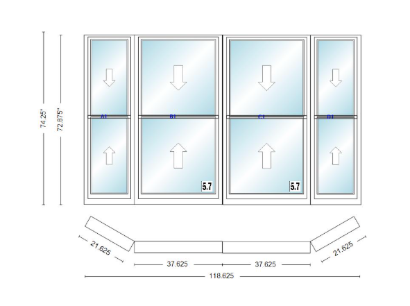 Andersen 400 Series Double Hung Bay Window 118 5/8" Wide Double Hung With Double Hung Flankers 30 Degree Angle Of Deflection Vinyl Exterior Wood Interior Low-E4 Dual Pane Argon Gas