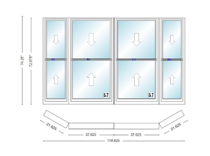 Andersen 400 Series Double Hung Bay Window 118 5/8" Wide Double Hung With Double Hung Flankers 30 Degree Angle Of Deflection Vinyl Exterior Wood Interior Low-E4 Dual Pane Argon Gas