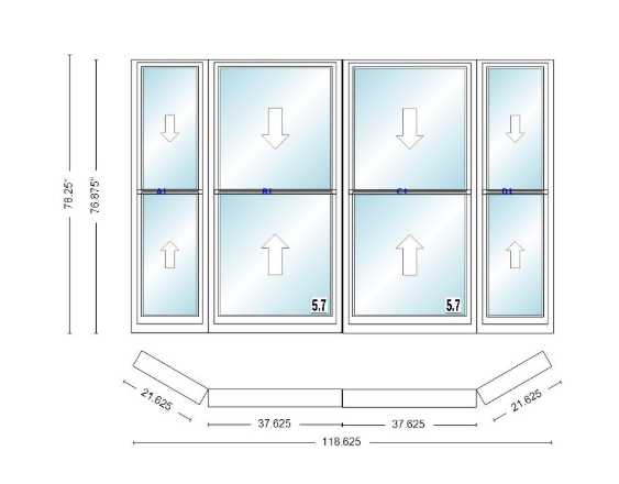 Andersen 400 Series Double Hung Bay Window 118 5/8" Wide Double Hung With Double Hung Flankers 30 Degree Angle Of Deflection Vinyl Exterior Wood Interior Low-E4 Dual Pane Argon Gas