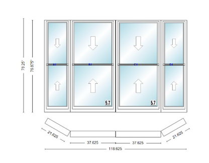 Andersen 400 Series Double Hung Bay Window 118 5/8" Wide Double Hung With Double Hung Flankers 30 Degree Angle Of Deflection Vinyl Exterior Wood Interior Low-E4 Dual Pane Argon Gas