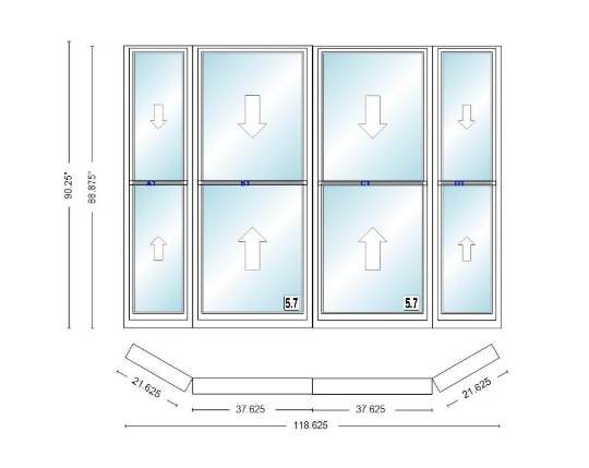 Andersen 400 Series Double Hung Bay Window 118 5/8" Wide Double Hung With Double Hung Flankers 30 Degree Angle Of Deflection Vinyl Exterior Wood Interior Low-E4 Dual Pane Argon Gas