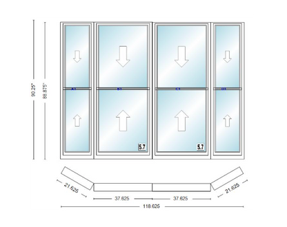 Andersen 400 Series Double Hung Bay Window 118 5/8" Wide Double Hung With Double Hung Flankers 30 Degree Angle Of Deflection Vinyl Exterior Wood Interior Low-E4 Dual Pane Argon Gas