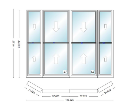 Andersen 400 Series Double Hung Bay Window 118 5/8" Wide Double Hung With Double Hung Flankers 30 Degree Angle Of Deflection Vinyl Exterior Wood Interior Low-E4 Dual Pane Argon Gas
