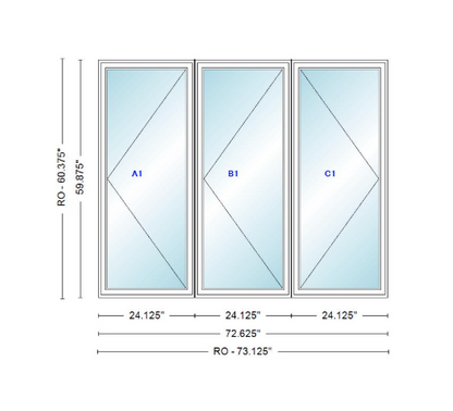 ANDERSEN Windows 400 Series LLR Triple Casement 72-5/8" Wide Vinyl Exterior Wood Interior New Construction Low-E4 Dual Pane Argon Fill Glass Full Screens/Grilles/Tempered Optional C12-3, C125-3, C13-3, C135-3, C14-3, C145-3, C15-3, C155-3 And C16-3