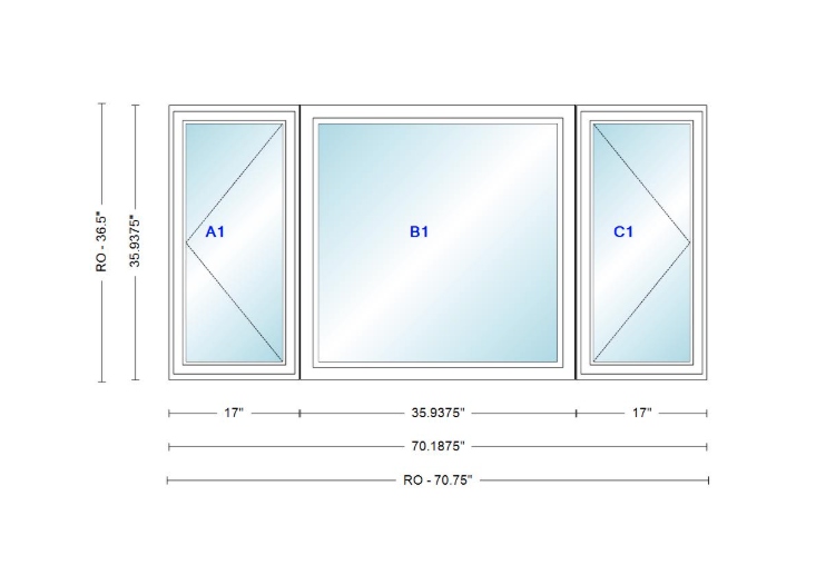 ANDERSEN Windows 400 Series LFR Picture With Casement Flankers 70-3/16" Wide Vinyl Exterior Wood Interior New Construction Low-E4 Dual Pane Argon Fill Glass Full Screens/Grilles/Tempered Optional