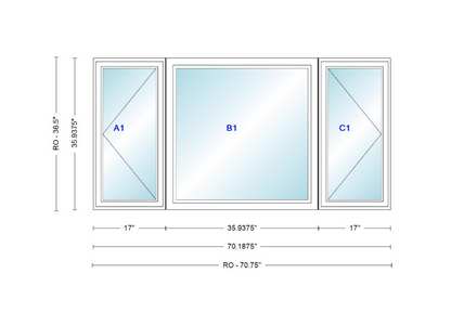 ANDERSEN Windows 400 Series LFR Picture With Casement Flankers 70-3/16" Wide Vinyl Exterior Wood Interior New Construction Low-E4 Dual Pane Argon Fill Glass Full Screens/Grilles/Tempered Optional